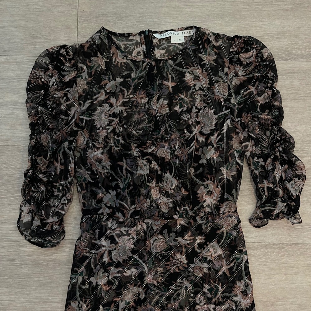 Veronica Beard Mitjana Floral Silk Dress Size 0 Black Ruched Sleeve Midi Chic - Picture 10 of 16